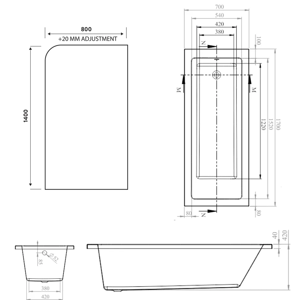 Armourcast Reinforced Straight Square Single Ended Bath with Shower Screen