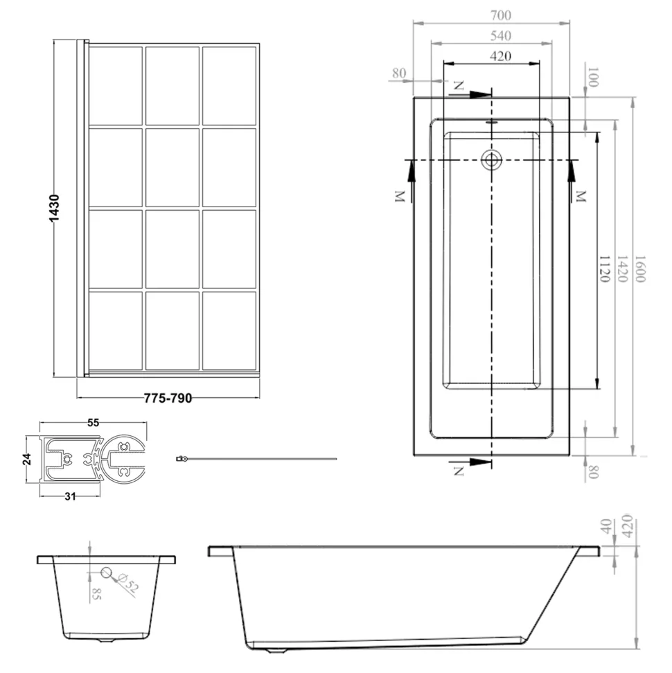 Armourcast Reinforced Straight Square Single Ended Bath with Shower Screen
