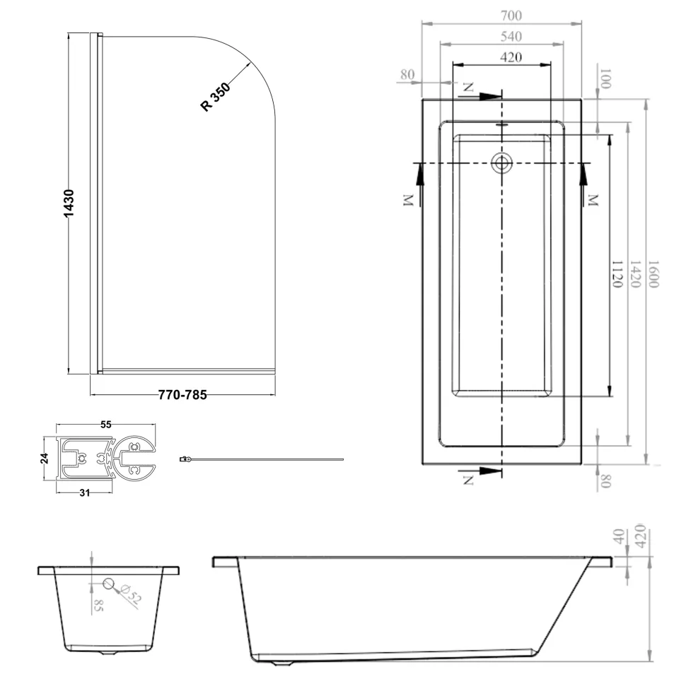 Armourcast Reinforced Straight Square Single Ended Bath with Shower Screen