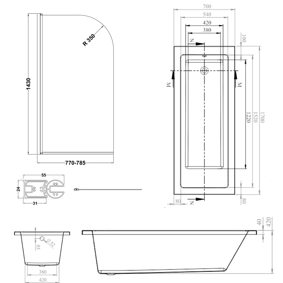 Armourcast Reinforced Straight Square Single Ended Bath with Shower Screen