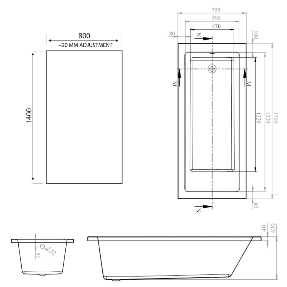 Armourcast Reinforced Straight Square Single Ended Bath with Shower Screen