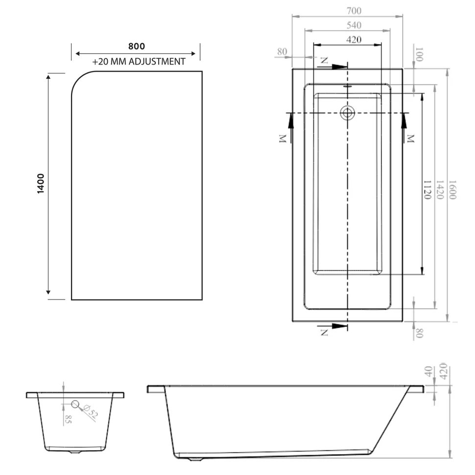 Armourcast Reinforced Straight Square Single Ended Bath with Shower Screen