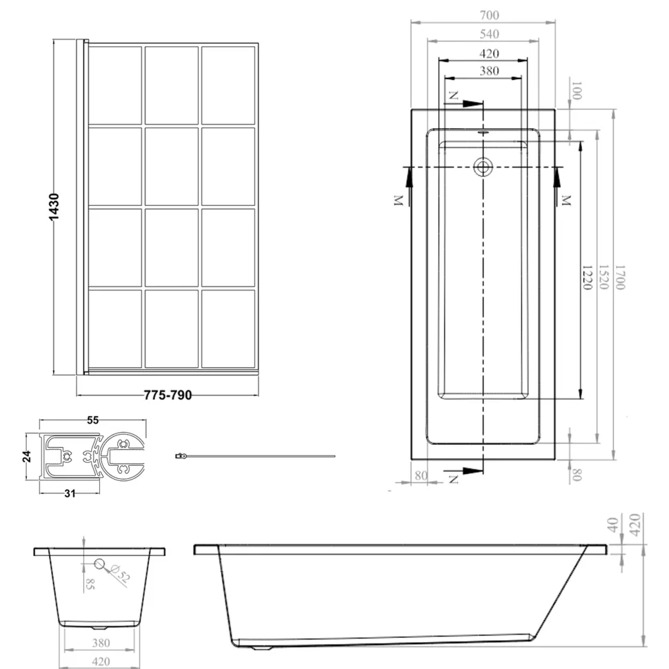 Armourcast Reinforced Straight Square Single Ended Bath with Shower Screen