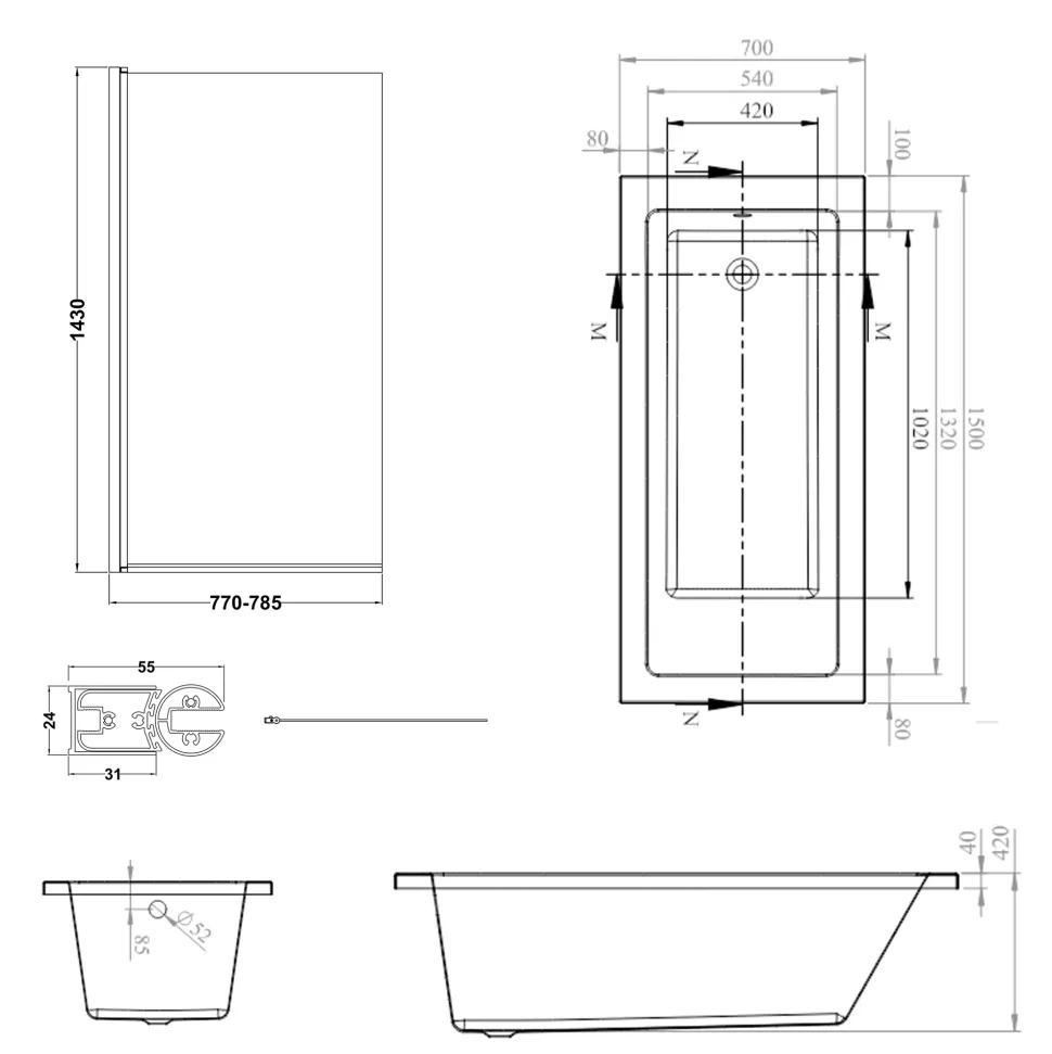 Armourcast Reinforced Straight Square Single Ended Bath with Shower Screen