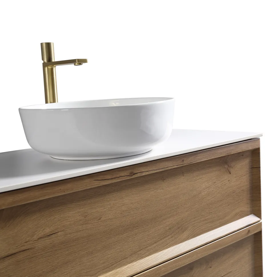 Aura 800mm Wall Mounted Natural Oak Vanity Unit & Sintered Stone Countertop