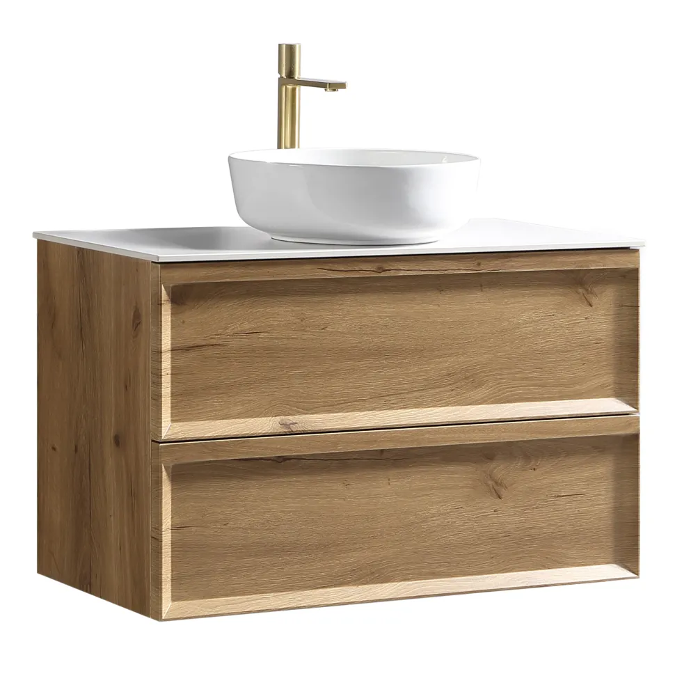 Aura 800mm Wall Mounted Natural Oak Vanity Unit & Sintered Stone Countertop