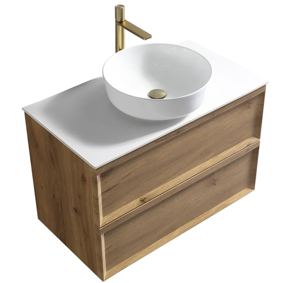 Aura 800mm Wall Mounted Natural Oak Vanity Unit & Sintered Stone Countertop