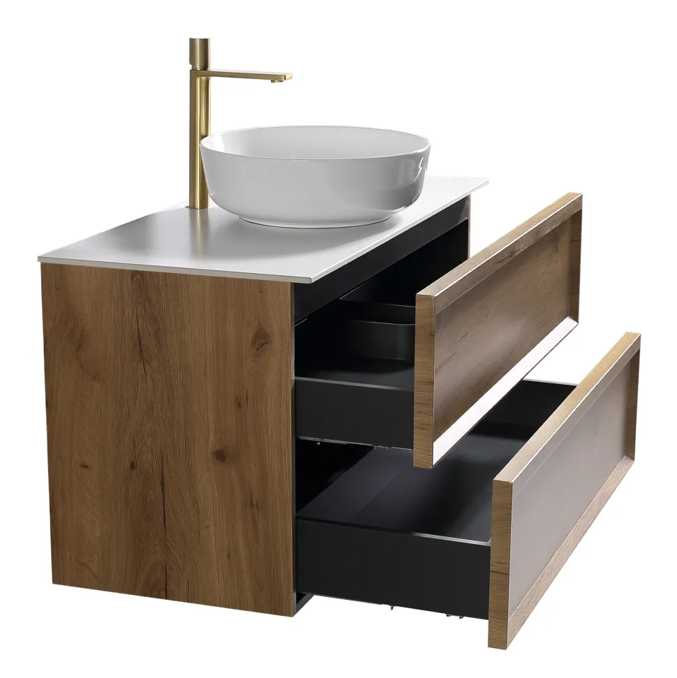 Aura 800mm Wall Mounted Natural Oak Vanity Unit & Sintered Stone Countertop