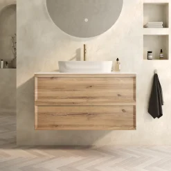 Aura 1000mm Wall Mounted Natural Oak Vanity Unit & Sintered Stone Countertop