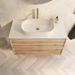 Aura 1000mm Wall Mounted Natural Oak Vanity Unit & Sintered Stone Countertop