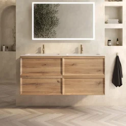 Aura 1200mm Wall Mounted Natural Oak Vanity Unit & Matt White Double Basin
