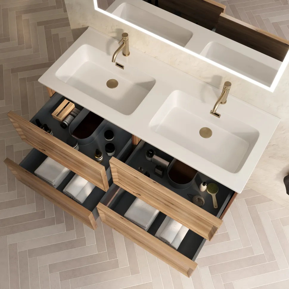 Aura 1200mm Wall Mounted Natural Oak Vanity Unit & Matt White Double Basin