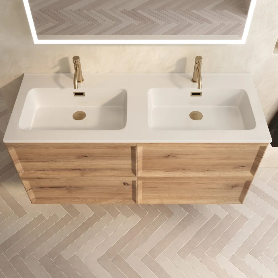 Aura 1200mm Wall Mounted Natural Oak Vanity Unit & Matt White Double Basin