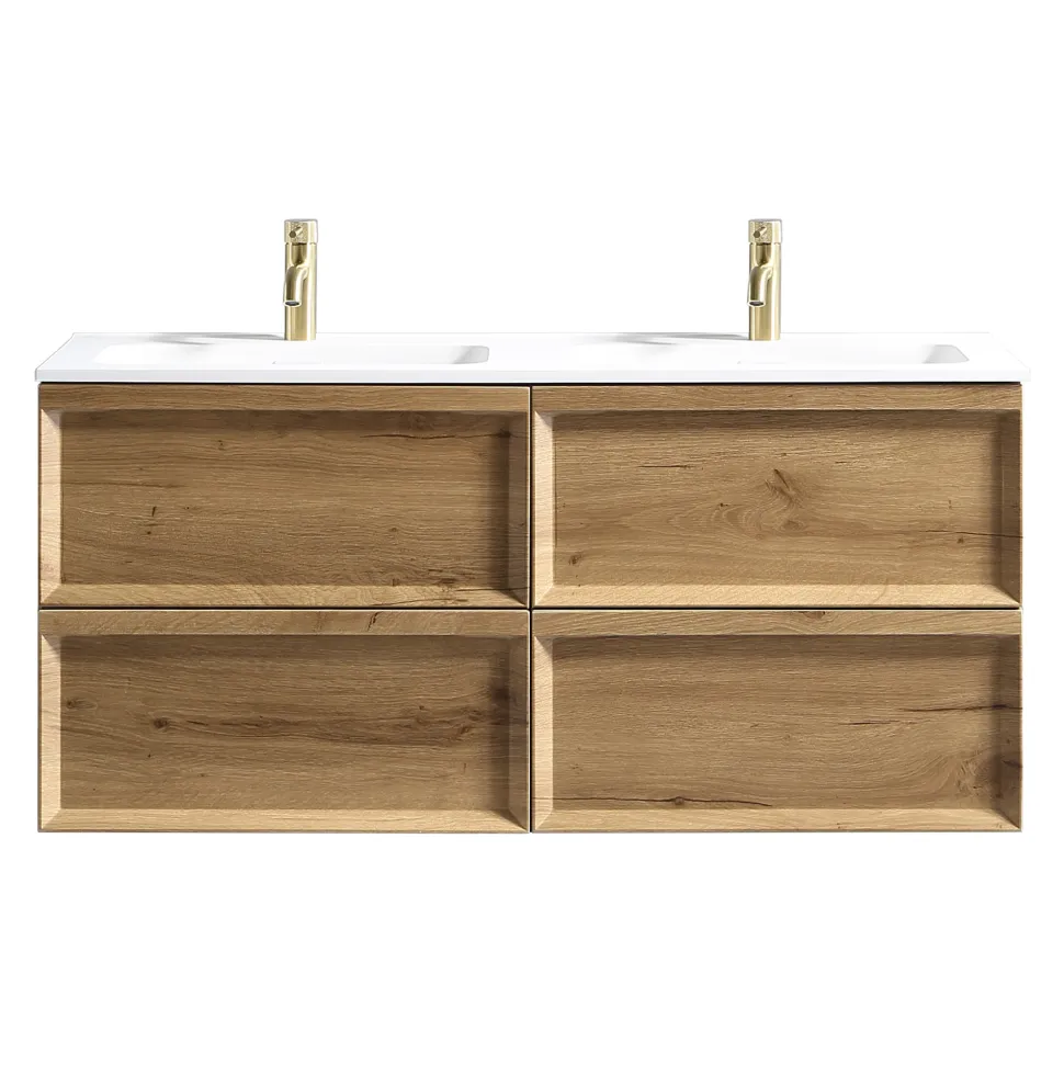 Aura 1200mm Wall Mounted Natural Oak Vanity Unit & Matt White Double Basin