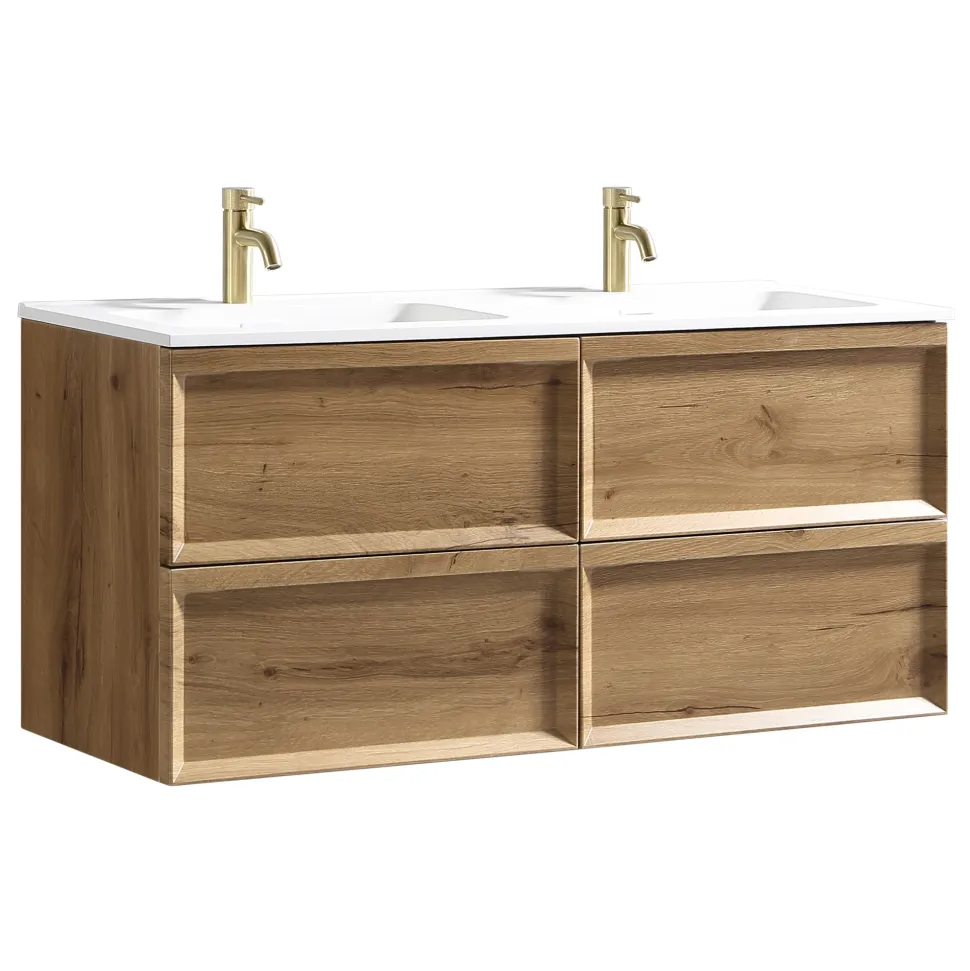 Aura 1200mm Wall Mounted Natural Oak Vanity Unit & Matt White Double Basin