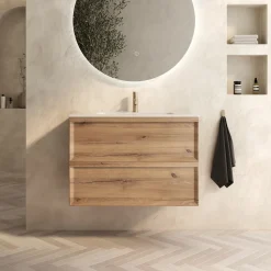 Aura 800mm Wall Mounted Natural Oak Vanity Unit & Matt White Basin