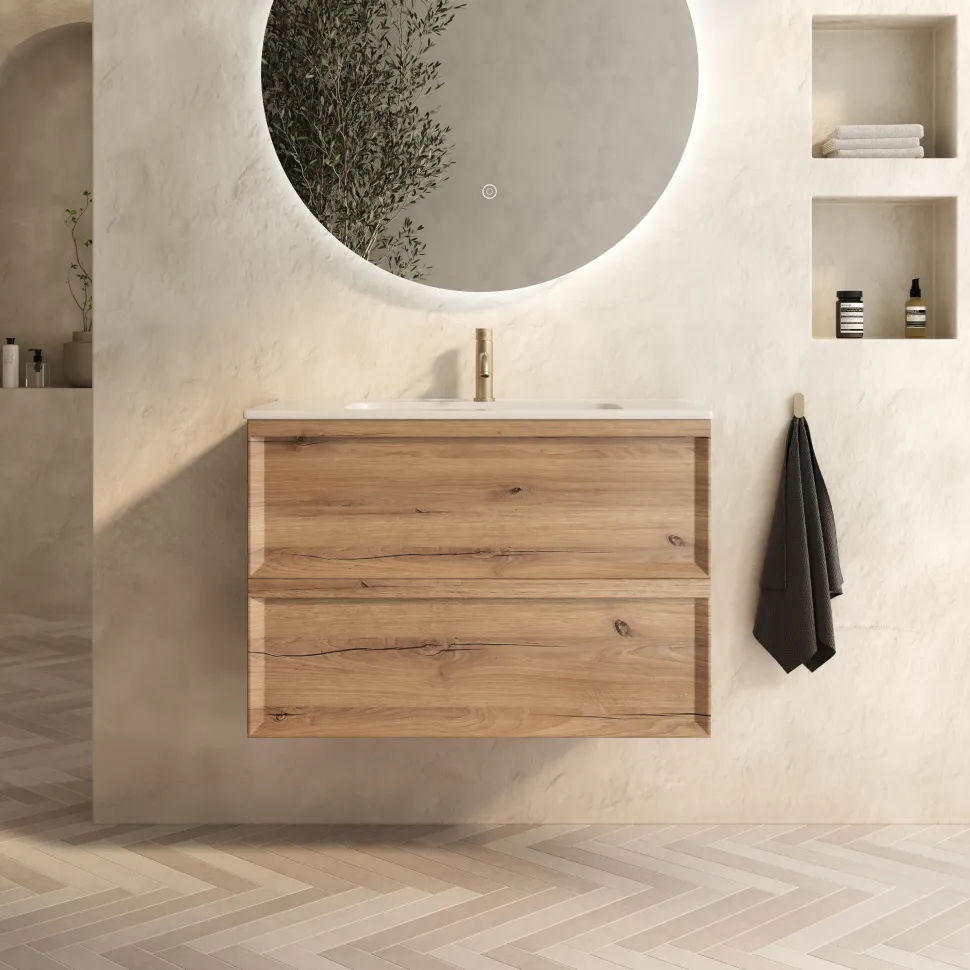 Aura 800mm Wall Mounted Natural Oak Vanity Unit & Matt White Basin