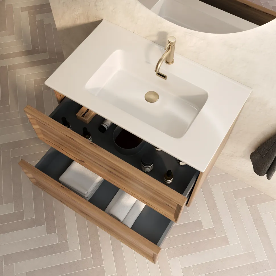 Aura 800mm Wall Mounted Natural Oak Vanity Unit & Matt White Basin