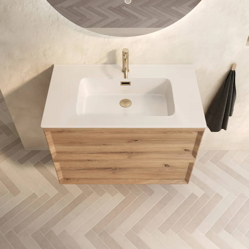Aura 800mm Wall Mounted Natural Oak Vanity Unit & Matt White Basin