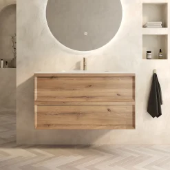 Aura 1000mm Wall Mounted Natural Oak Vanity Unit & Matt White Basin