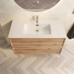 Aura 1000mm Wall Mounted Natural Oak Vanity Unit & Matt White Basin
