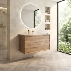 Aura 1000mm Wall Mounted Natural Oak Vanity Unit & Matt White Basin