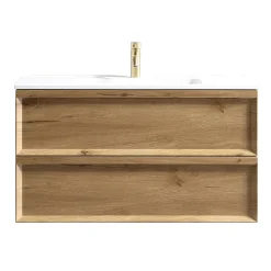Aura 1000mm Wall Mounted Natural Oak Vanity Unit & Matt White Basin
