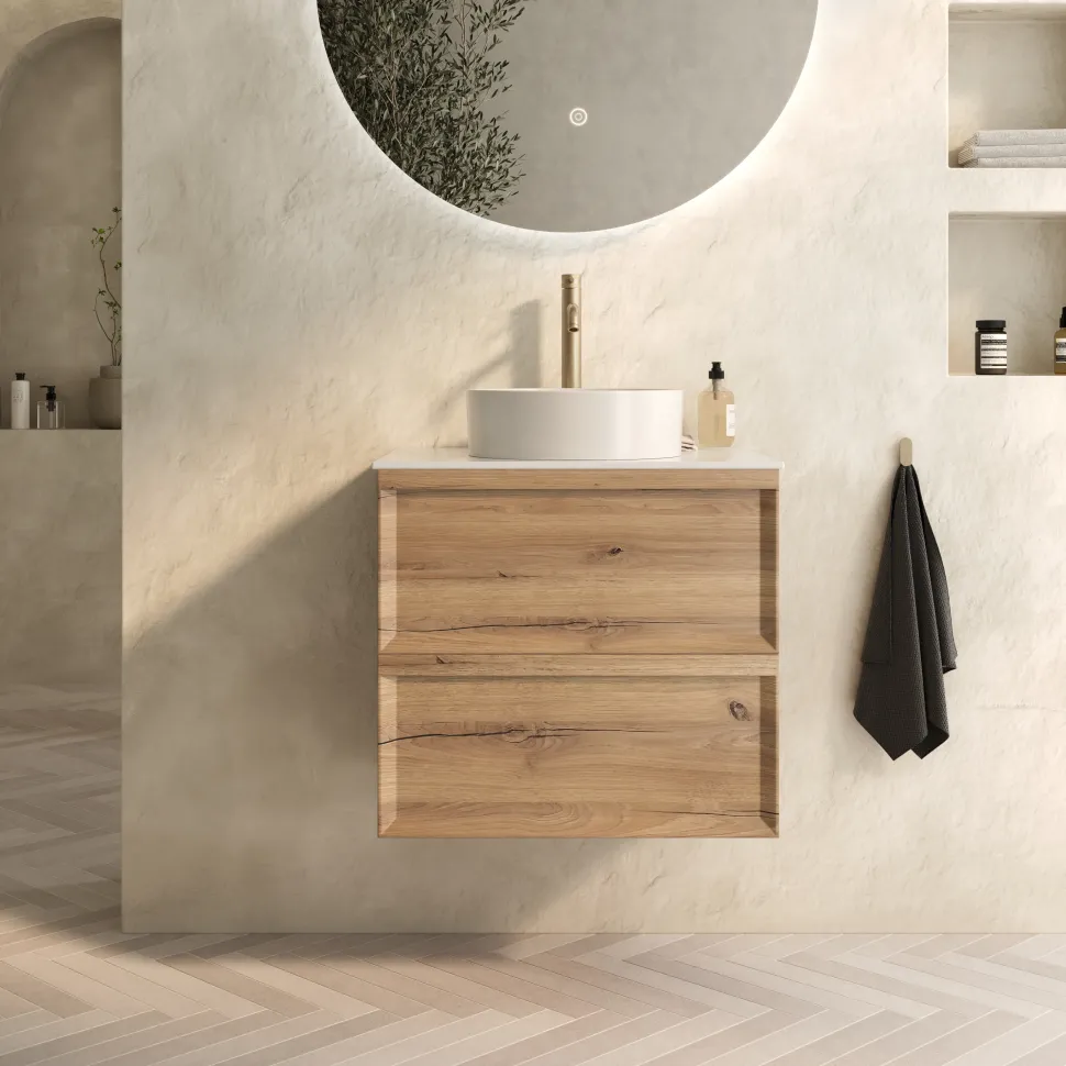 Aura 600mm Wall Mounted Natural Oak Vanity Unit & Sintered Stone Countertop