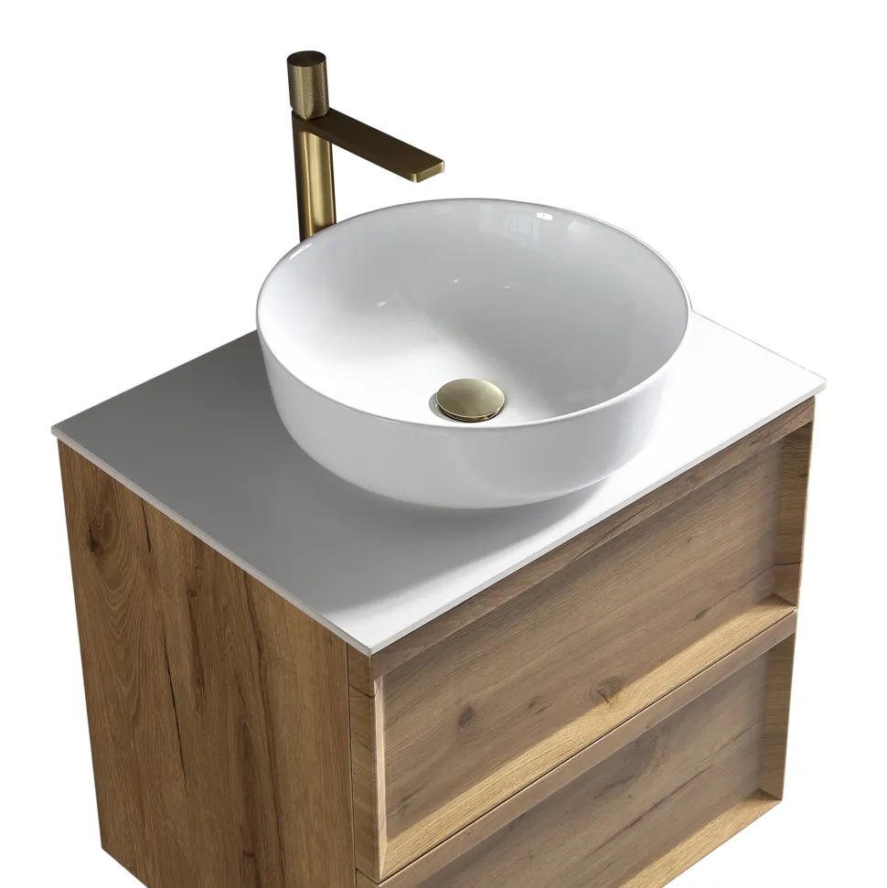 Aura 600mm Wall Mounted Natural Oak Vanity Unit & Sintered Stone Countertop