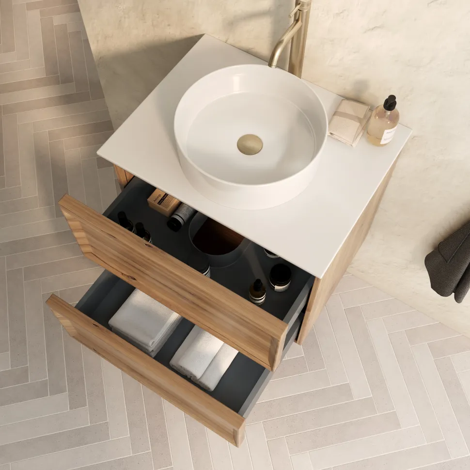 Aura 600mm Wall Mounted Natural Oak Vanity Unit & Sintered Stone Countertop
