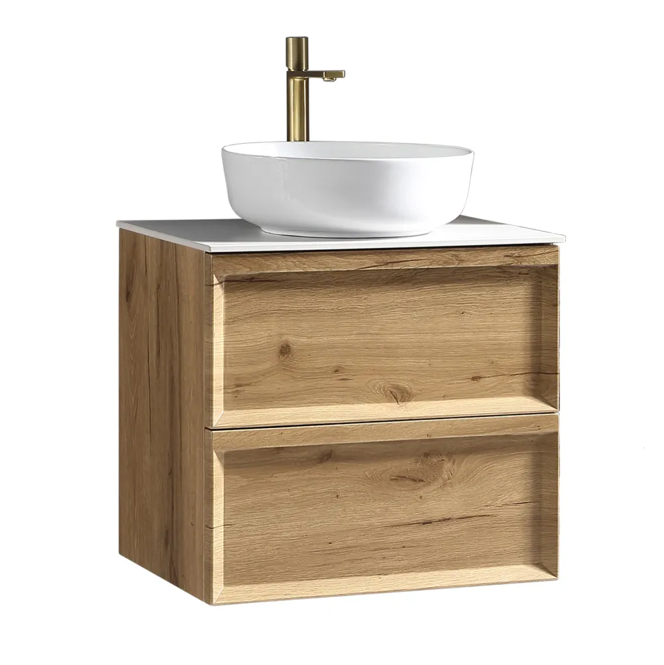 Aura 600mm Wall Mounted Natural Oak Vanity Unit & Sintered Stone Countertop