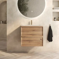 Aura 600mm Wall Mounted Natural Oak Vanity Unit & Matt White Basin