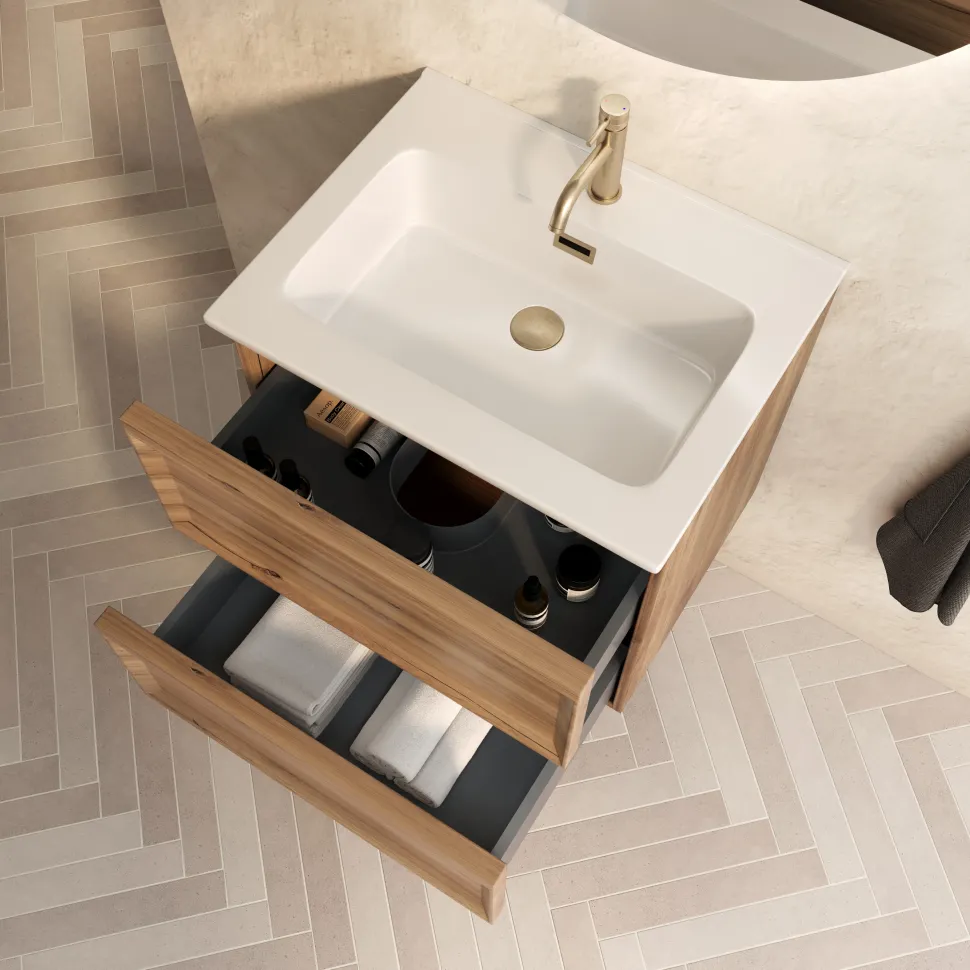 Aura 600mm Wall Mounted Natural Oak Vanity Unit & Matt White Basin