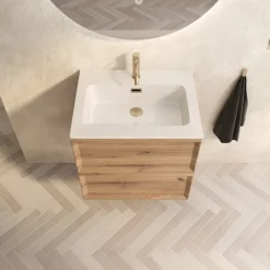Aura 600mm Wall Mounted Natural Oak Vanity Unit & Matt White Basin
