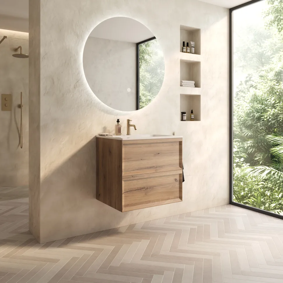 Aura 600mm Wall Mounted Natural Oak Vanity Unit & Matt White Basin