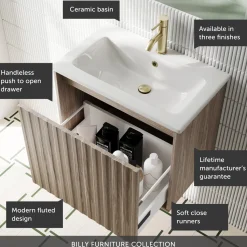 Billy 600mm Wall Hung Vanity Unit with Fluted Drawer Front & Basin