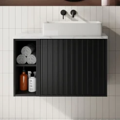 Billy 800mm Wall Hung Vanity Unit with Fluted Drawer Front & Marble Sintered Stone Worktop