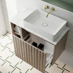 Billy 800mm Wall Hung Vanity Unit with Fluted Drawer Front & Marble Sintered Stone Worktop