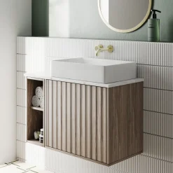Billy 800mm Wall Hung Vanity Unit with Fluted Drawer Front & Marble Sintered Stone Worktop