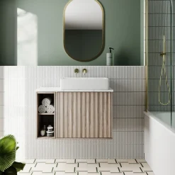 Billy 800mm Wall Hung Vanity Unit with Fluted Drawer Front & Marble Sintered Stone Worktop