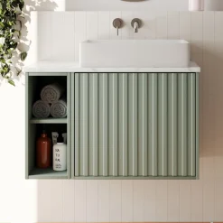Billy 800mm Wall Hung Vanity Unit with Fluted Drawer Front & Marble Sintered Stone Worktop