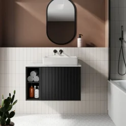 Billy 800mm Wall Hung Vanity Unit with Fluted Drawer Front & Marble Sintered Stone Worktop