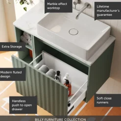 Billy 800mm Wall Hung Vanity Unit with Fluted Drawer Front & Marble Sintered Stone Worktop