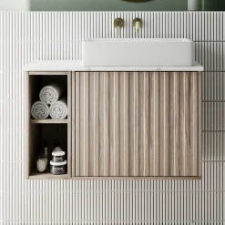 Billy 800mm Wall Hung Vanity Unit with Fluted Drawer Front & Marble Sintered Stone Worktop