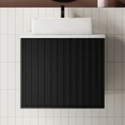 Billy 600mm Wall Hung Vanity Unit with Fluted Drawer Front & Marble Sintered Stone Worktop