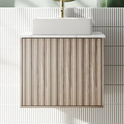 Billy 600mm Wall Hung Vanity Unit with Fluted Drawer Front & Marble Sintered Stone Worktop