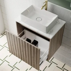 Billy 600mm Wall Hung Vanity Unit with Fluted Drawer Front & Marble Sintered Stone Worktop