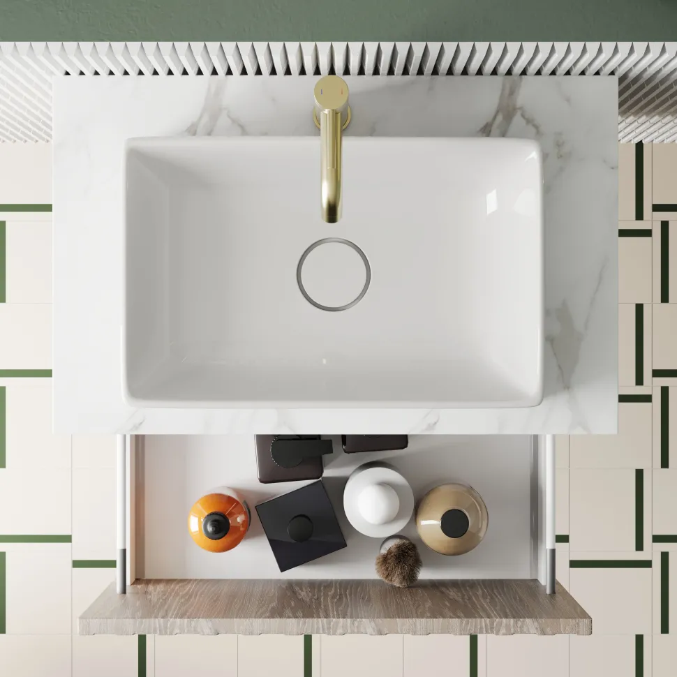 Billy 600mm Wall Hung Vanity Unit with Fluted Drawer Front & Marble Sintered Stone Worktop