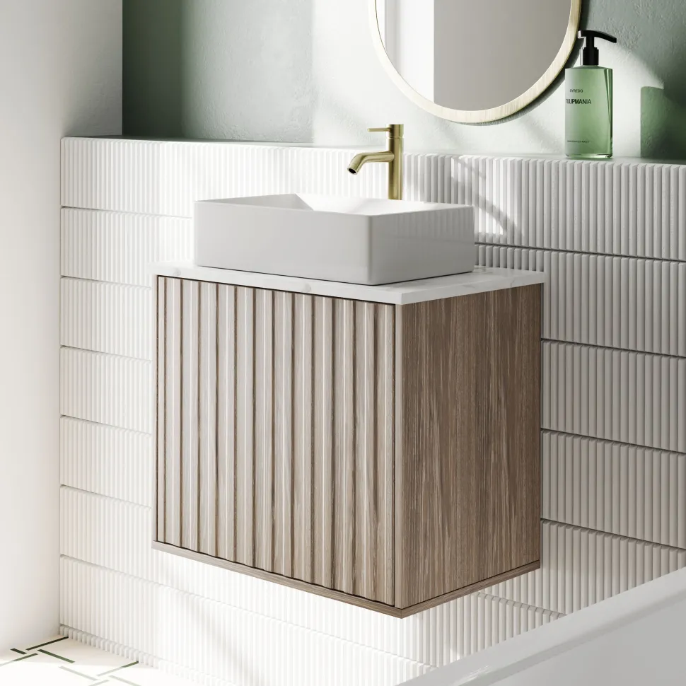 Billy 600mm Wall Hung Vanity Unit with Fluted Drawer Front & Marble Sintered Stone Worktop