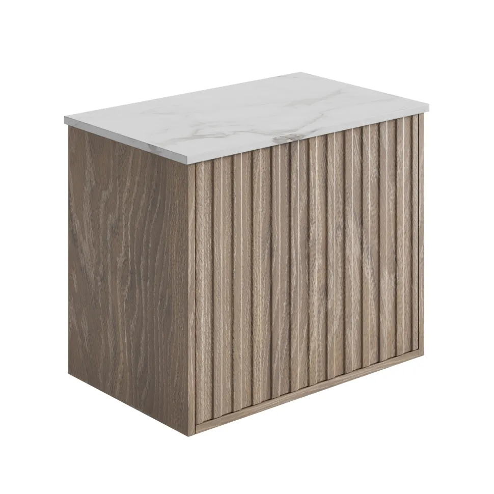 Billy 600mm Wall Hung Vanity Unit with Fluted Drawer Front & Marble Sintered Stone Worktop